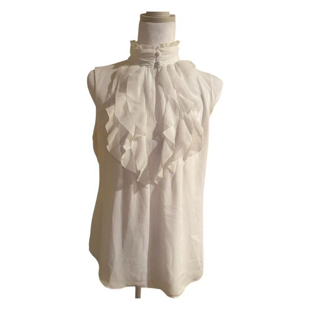 White House Black Market Ivory Ruffle Jabot High Neck Sleeveless Blouse Size 2